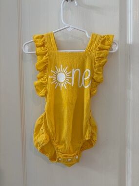 Yellow Ruffle One-Piece Bodysuit for Girls - 'One' Sun Graphic Birthday
